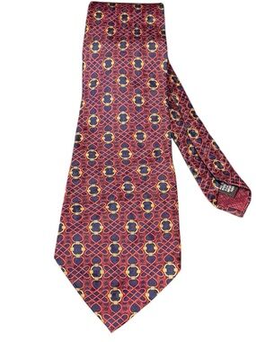 Christian Dior Monsieur Vintage Silk Tie Burgundy Navy Gold Geometric Chain USA